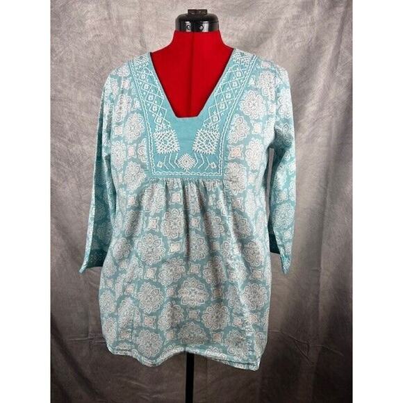 JH COLLECTION 3/4 SLEEVE TURQUOISE/WHITE/ FLORAL V-NECK COTTON TOP!! SZ LARGE - Picture 1 of 9